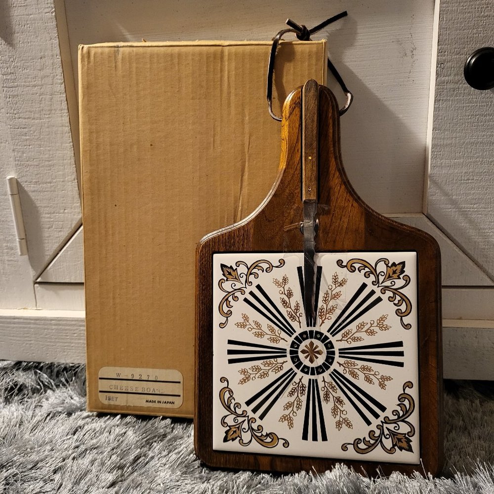 Mid-Century Wood & Tile Hanging Cheese Board with Original Knife & Box